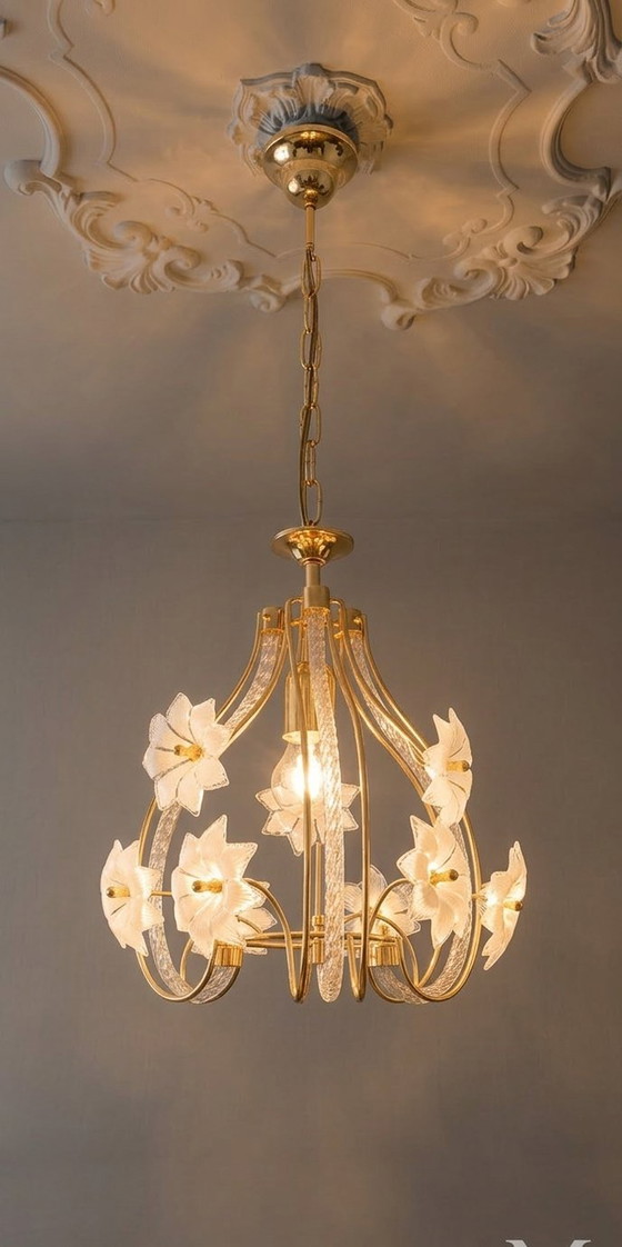 Image 1 of Vintage Murano glazen kroonluchter – "Bloemknop" – in hoogte verstelbaar