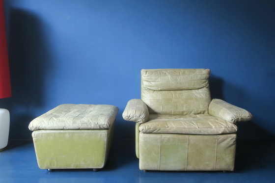 Image 1 of Patchwork Leather Lounge Chair and Ottoman in Olive Green by Laauser, 1970s