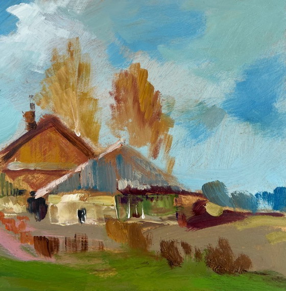 Image 1 of Peinture à l'huile originale représentant un paysage côtier estival et un village avec un ferry.