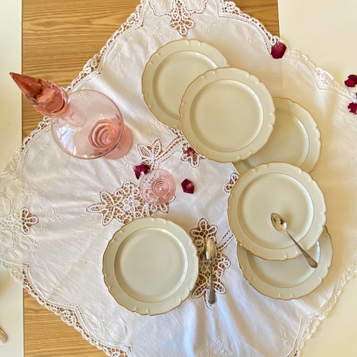 Set of 6 antique off-white porcelain dessert plates with gold trim, Limoges ULIM