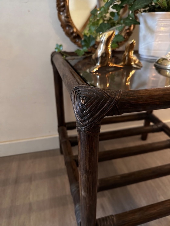 Table d'appoint vintage en rotin, Tables d'appoint, Verre, Marron (photo 4 sur 5)