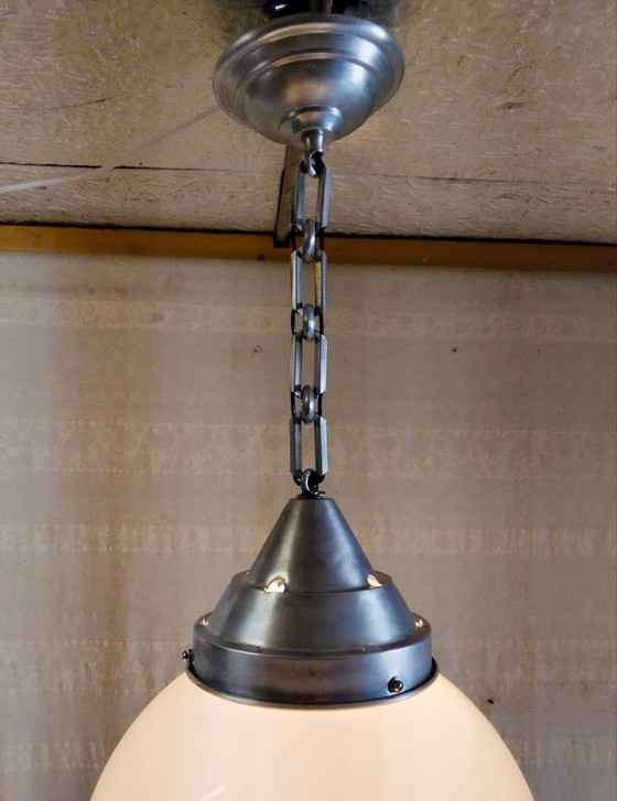 Image 1 of XXL opal glass globe industrial pendant light - 1940s/50s