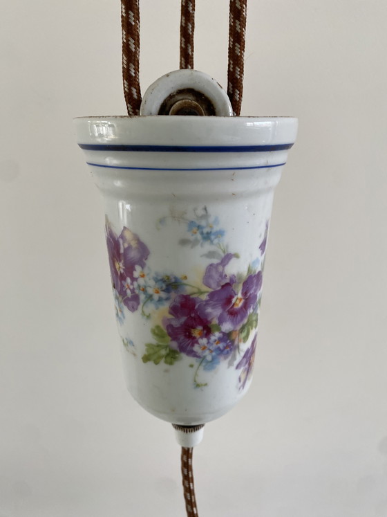 Image 1 of Art Deco - Opaline - messing - hanglamp - pendellamp met katrol - 1e kwart 20e eeuw