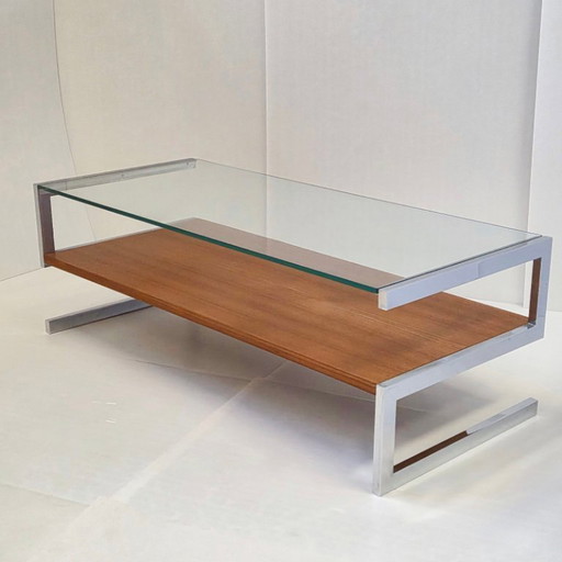 Vintage salontafel uit de jaren 60 van verchroomd staal met teakfineer en glazen blad. DLG Belgo Chrome