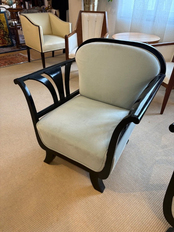 Image 1 of Elegante Wohnzimmergarnitur im Art-Deco-Stil – Sofa und zwei Sessel – dunkel lackiertes Holz – ca. 1925–1935