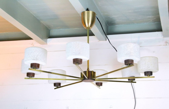 Image 1 of Lampadario scandinavo a otto luci, teak, ottone e opalino, metà secolo