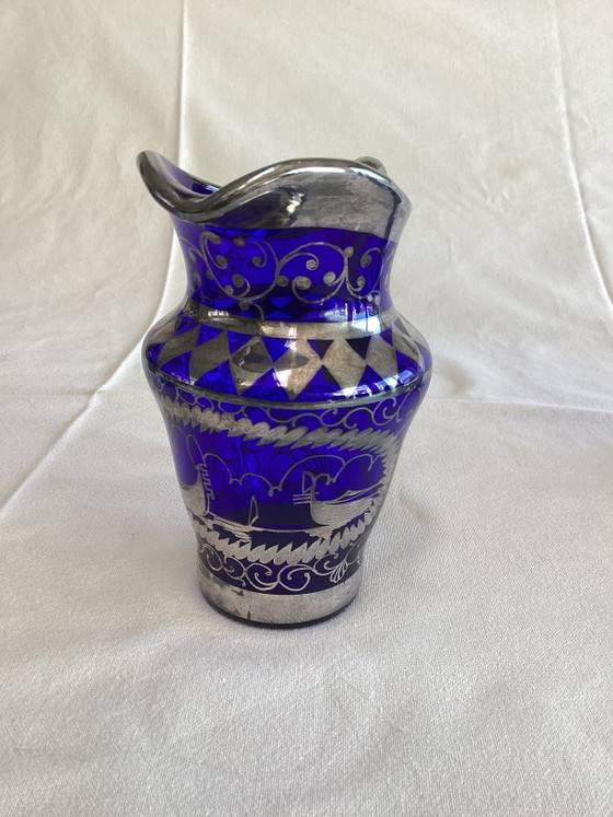 Image 1 of Zeldzaam Italiaans kobaltblauw glazen koffie- en likeurservies met zilverdecor – 21-delig – ca. 1950-1970