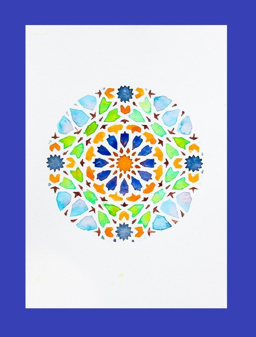 Acuarela original azulejo mozárabe. Cuadro azulejo árabe. Pintura geométrica. Acuarela con motivo geométrico. Nueva.