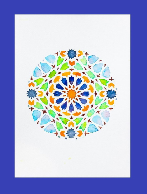 Image 1 of Acuarela original azulejo mozárabe. Cuadro azulejo árabe. Pintura geométrica. Acuarela con motivo geométrico. Nueva.