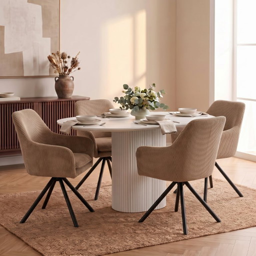 4er Set Esszimmerstühle „Elys“ – Drehbarer Armlehnstuhl aus Cord in Beige – fauteuils, Metal (photo 2 of 5)