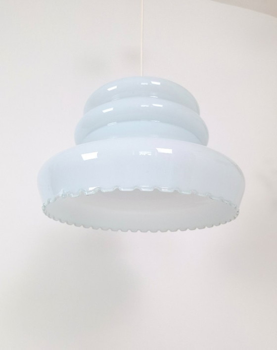 Image 1 of Lampada a sospensione vintage in vetro opalino azzurro