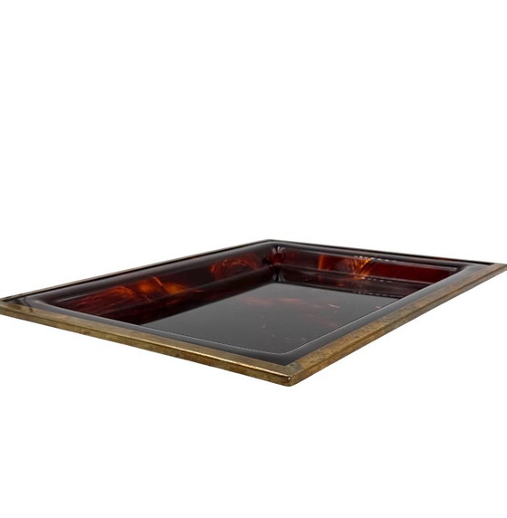Vassoio in lucite marrone Hollywood Regency, Italia anni '70, Oggetti decorativi, Plastica, Ottone, Vintage (foto 8 di 12)