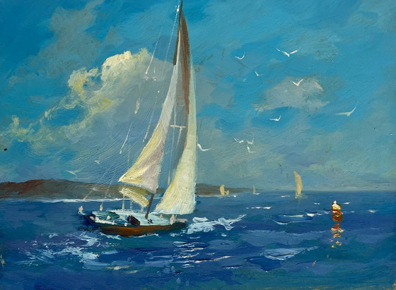 Image 1 of Dipinto ad olio originale, Paesaggio marino estivo, Viaggio in mare e canto degli uccelli