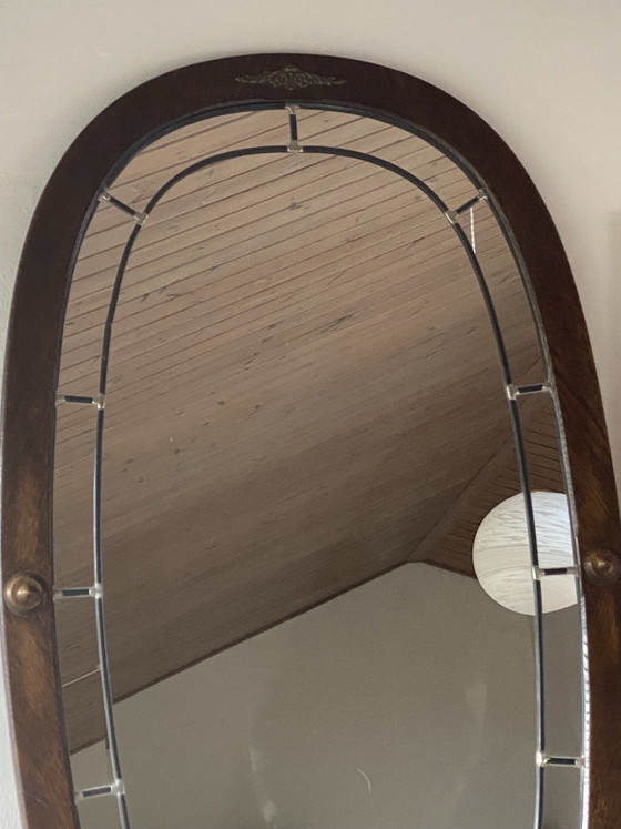 Large Antique Oval Oak Mirror with Decorative Mirrored Panels, Circa 1930s-1940s, Shelving unit, Wood, Brown (photo 3 of 6)