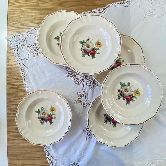 Image 1 of Set of 6 antique Badonviller earthenware soup plates with flowers and gilding