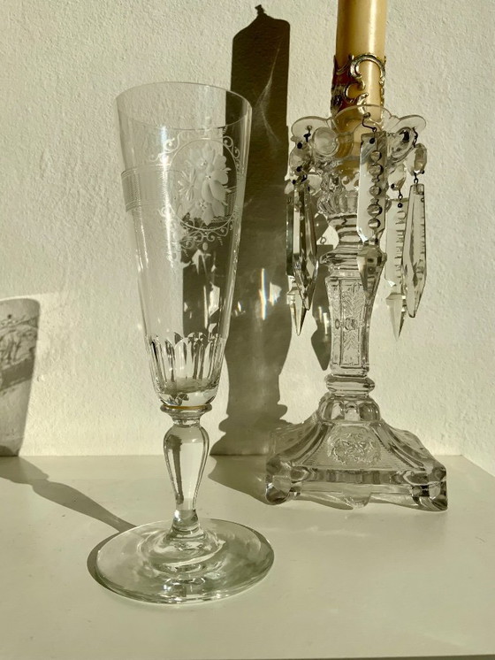 Image 1 of Bicchiere da vino/champagne in cristallo antico inciso a mano - Monogrammato - Circa 1900