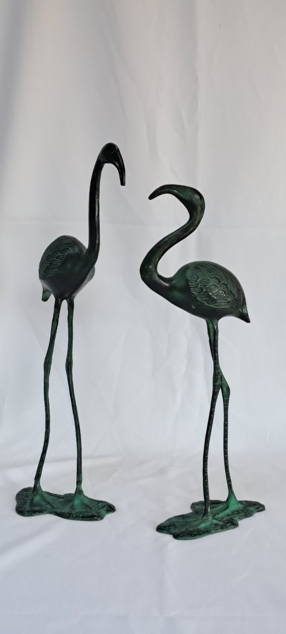 Due sculture di fenicotteri in ottone patinato verde, Oggetti decorativi, 1980 (foto 4 di 16)