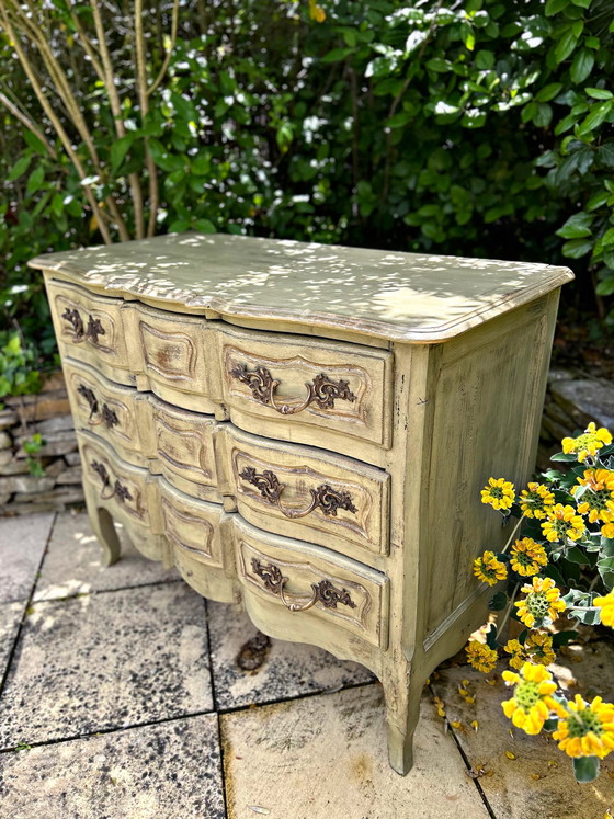 Image 1 of Antique curved chest of drawers with a pistachio green patina