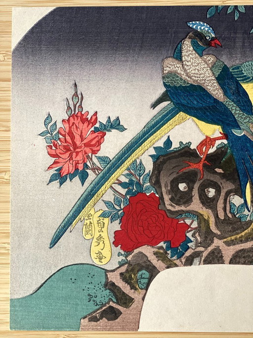 Estampe japonaise authentique sur bois - Oiseaux et fleurs - Éventail - Regravée dans les années 1920