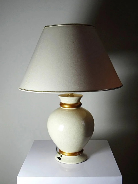 Vintage cream white crackle earthenware lamp Le Dauphin 1960s-70s Panama, Table lamps, Porcelain, Gold, Creme (photo 5 of 9)