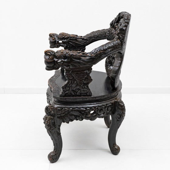 Image 1 of Pair of Chinese Qing Dynasty Carved Dragon Armchairs, Ebonized Hardwood, 19th