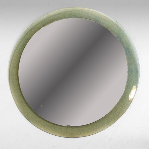 1x Mid-Century Modern Round Layered Smoked Glass Wall Mirror, Attr. to Cristal Art