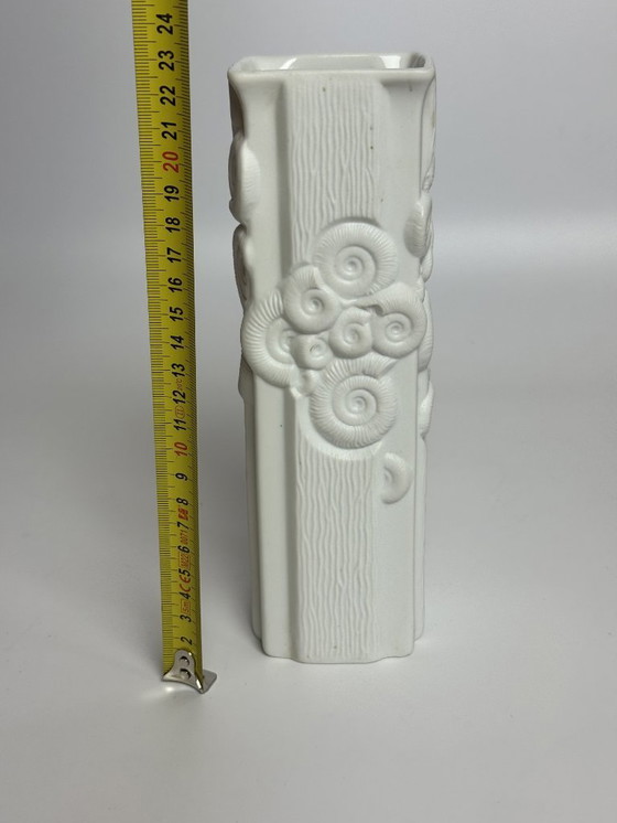 Image 1 of Elegant Square Matte White Porcelain Vase with Fossil Relief by HW Porzellan Karlsbader Wertarbeit Model 568/22. Germany, 1960s.