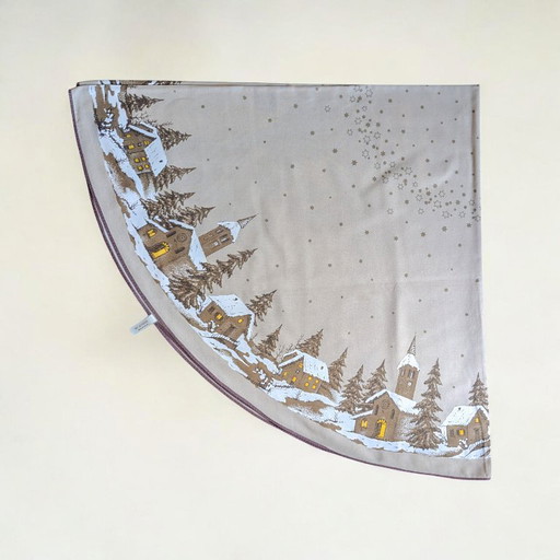 Große Vintage Weihnachts-Tischdecke – 70er/80er Jahre, 100% Baumwolle, Beige mit verschneitem Dorfmotiv