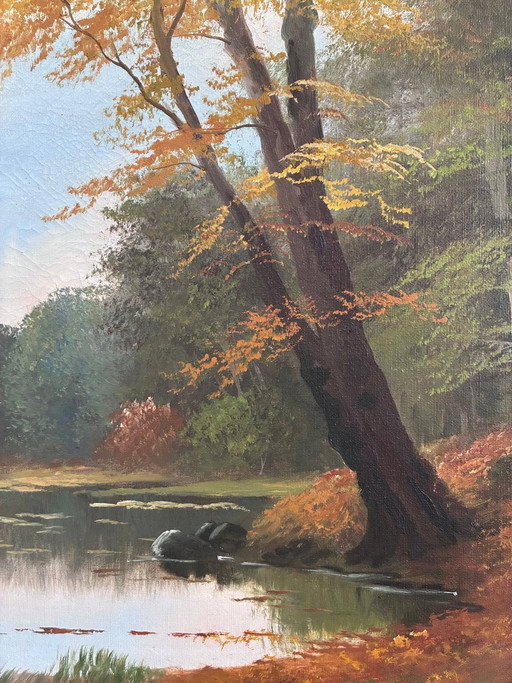 Peinture à l'huile originale vintage représentant un paysage, signée, œuvre d'art de ferme