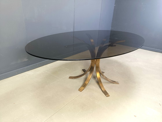 Image 1 of Tavolo da pranzo ovale in ottone e vetro vintage, anni '70