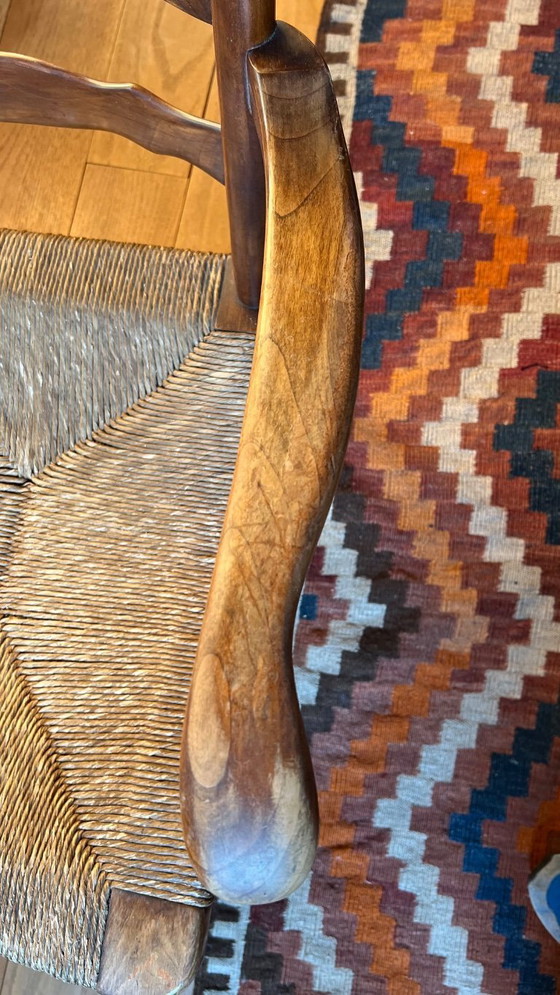 Image 1 of De Ster Gelderland landelijke brutalist midcentury kersenhouten stoel met rieten zitting