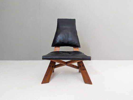 Image 1 of Sculptural Pine Lounge Chair with Table in the Style of Pierre Chapo, France, 1970s