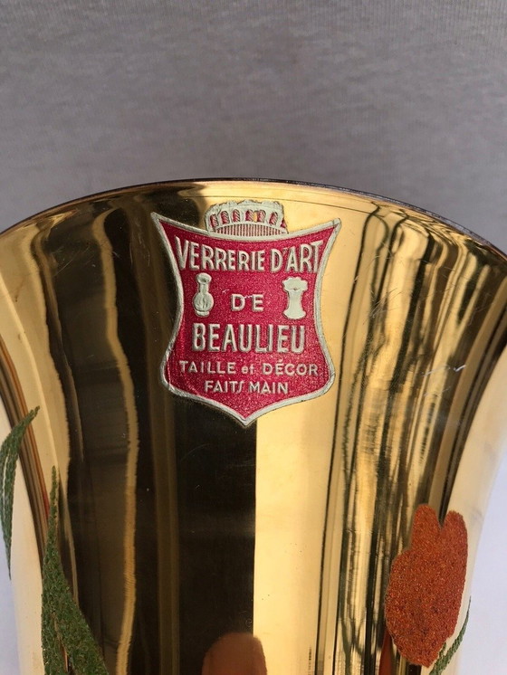 Image 1 of Vaso antico in vetro artistico di BEAULIEU, vetro dipinto in oro + decoro floreale vintage #D391