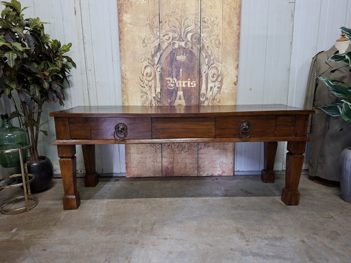 Large, robust teak castle side table, console table, and console, 194x58cm and 78cm high.