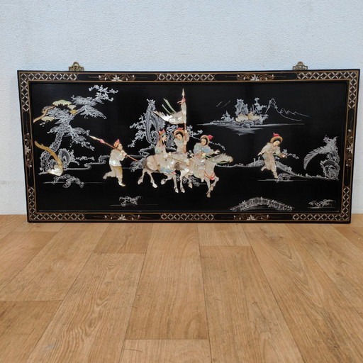 Vintage Chinoiserie black lacquered wall panel with mother-of-pearl inlay