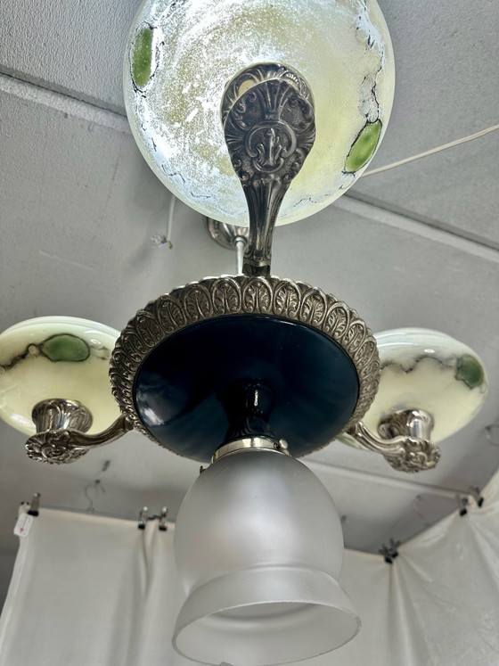 Antique Art Deco Style Pendant Lamp Chandelier with Marbled Opal Glass, Ceiling lights, Metal, Black (photo 5 of 14)