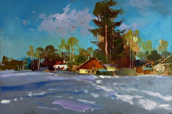 Image 1 of Original Oil Painting Frosty Houses Landscape Winter calm in the village