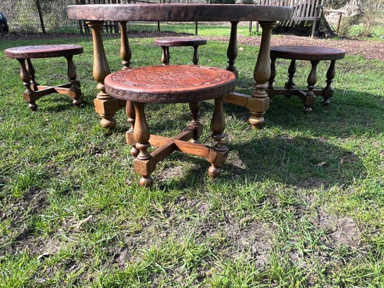 Image 1 of Vintage leather top table Aztec / Mayan equipale style