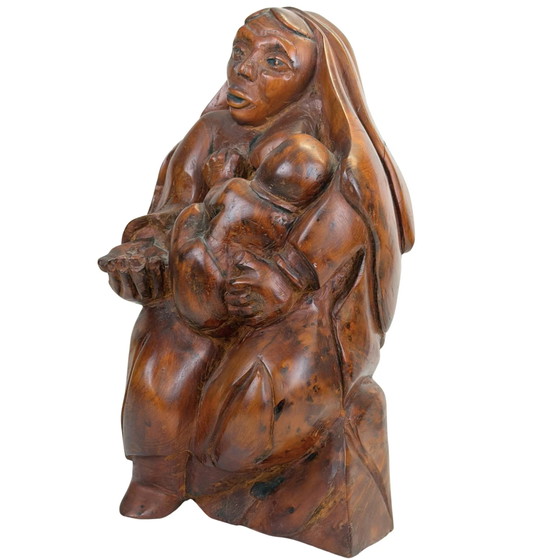 Expressive Hand-Carved Madonna and Child in Heavy Tropical Hardwood – Sculpture (photo 8 of 10)