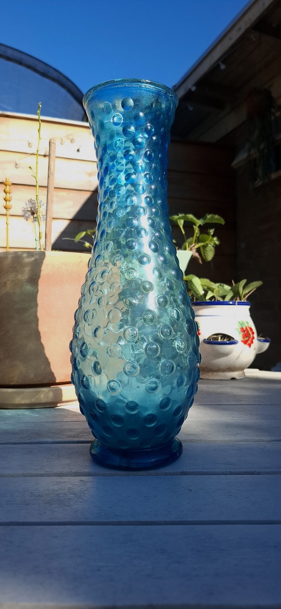 Image 1 of Vintage Empoli Hobnail Vaas Blauw Glas UV Reactief Italië 1960