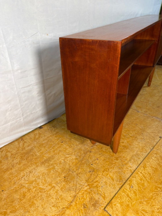 Image 1 of Mid-Century Retro Vintage Teak Slim Sideboard / Bookcase with Cocktail Flap 1960 