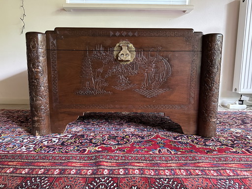 Chinese camphor chest / blanket chest with carvings