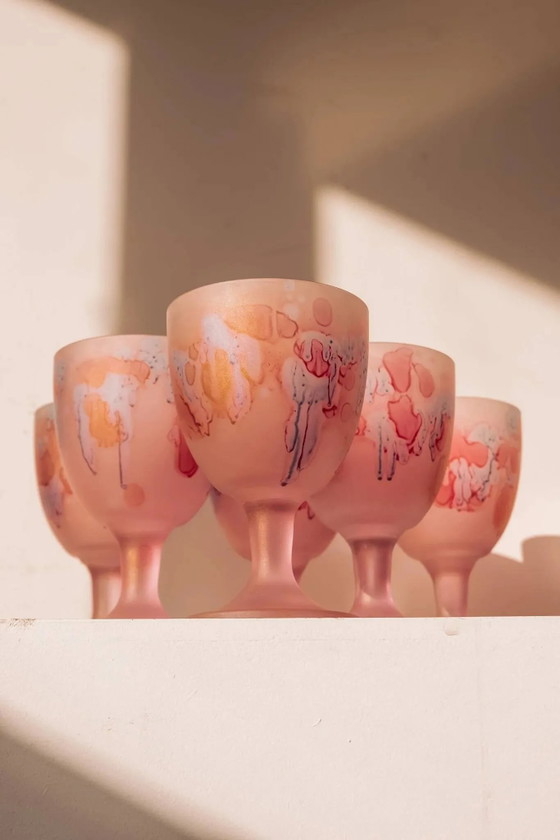 Handbemalte mattrosa Weingläser, 6er-Set – Gläser & Karaffe, Kristall, Glas, Vintage (photo 8 of 9)
