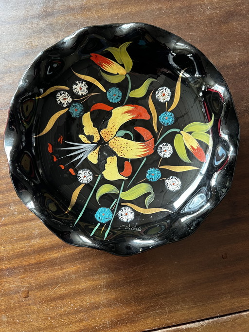 Dish in Émaux de Longwy, Grand Feu, Signed L. Valente