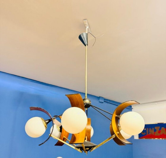 Rare Space Age / Mid-Century Chandelier, by Stilnovo Milano, Metal, Wood, White (photo 3 of 6)