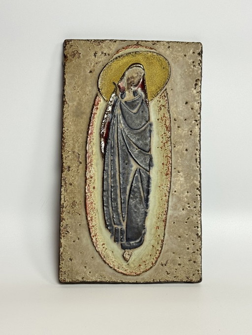 Gran placa de cerámica vintage para pared con figura de la Virgen – Relieve religioso, Europa, década de 1960
