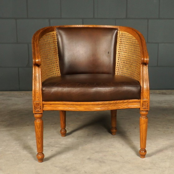 Image 1 of Vintage fauteuil – rotan – bruin leder – jaren 80