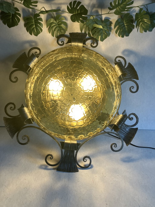 Plafonnier vintage en fer forgé avec verre ocre