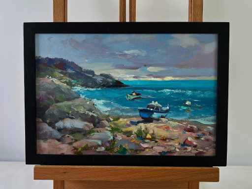 Original Oil Painting Summer Coastal Landscape Sea Waves Crashing Against Sharp Shores