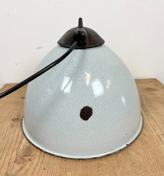 Image 1 of Industrial Grey Enamel Factory Lamp with Cast Iron Top, 1960s